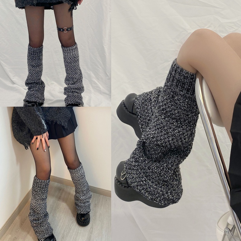 Youyo Vớ Ống Loe Dệt Kim Giữ Ấm Chân Màu Xám Đen Phong Cách Punk Gothic Harajuku Cổ Điển Cho Nữ
