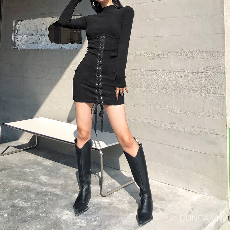 DUNEA Đầm cổ cao thiết kế dây đan chéo thời trang cá tính dành cho nữ