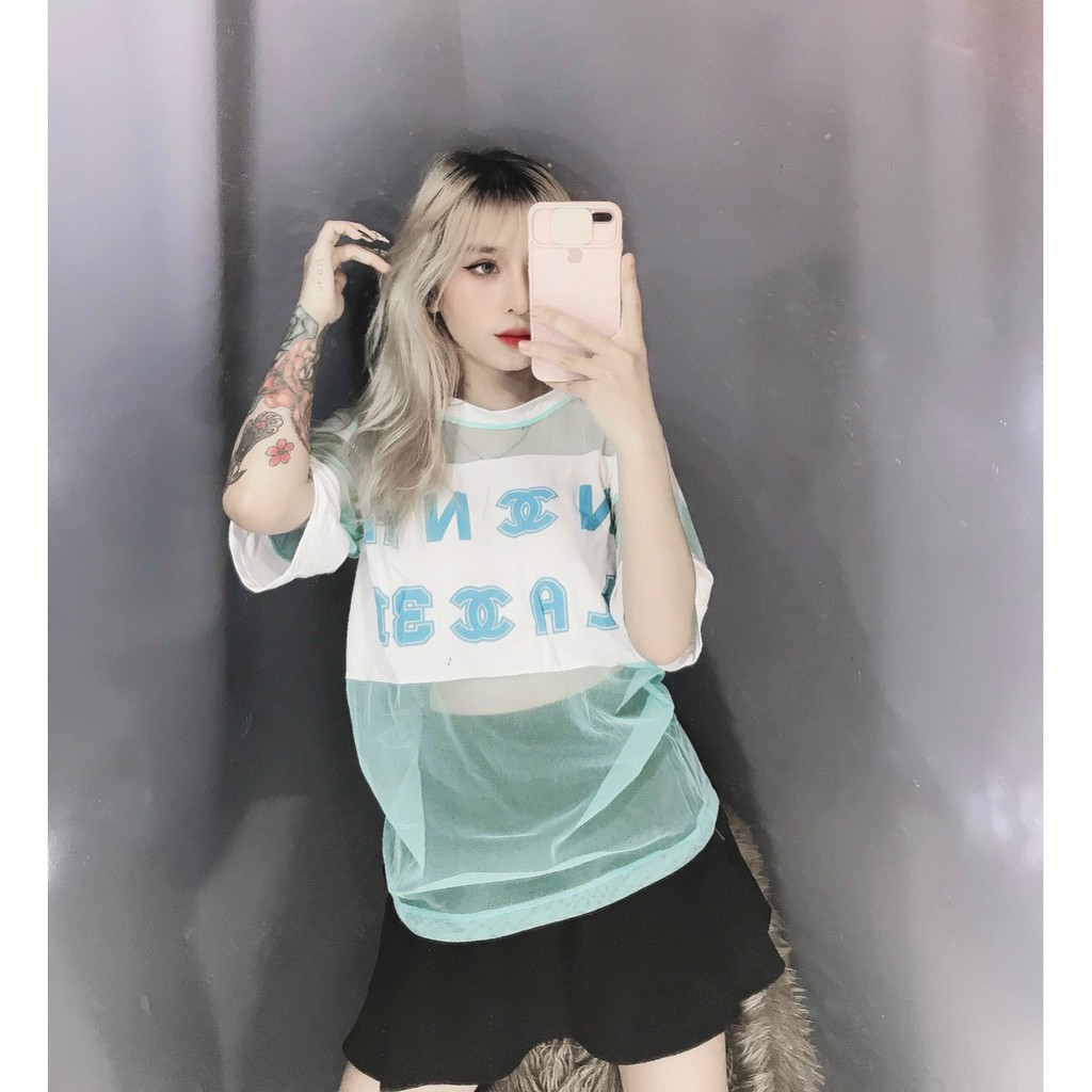 Áo lưới form rộng in chữ hiệu to trước cực xinh , chất lưới có kèm lót trong mềm mịn