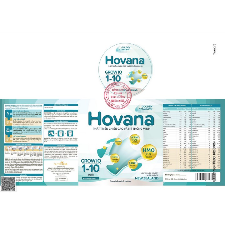 Sữa Hovana Grow IQ - Phát Triển Chiều Cao - 1 đến 10 Tuổi - 900gr