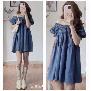 2101621 Váy trễ vai cho nữ ulzzang chỉ nổi nhiều màu freesize chất mềm mát nữ tính