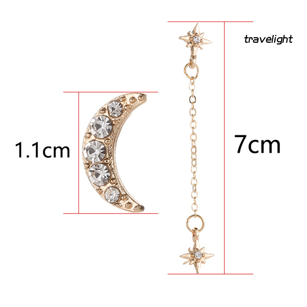 【TL】2Pcs Women Rhinestone Inlaid Crescent Moon Star Charm Chain Ear Studs Jewelry