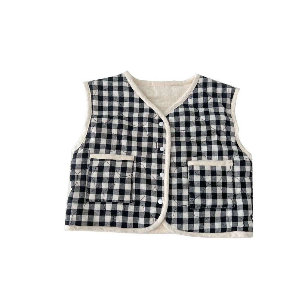 Áo Khoác Cotton Không Tay In Họa Tiết Caro Dễ Thương Phong Cách Hàn Quốc Cho Bé