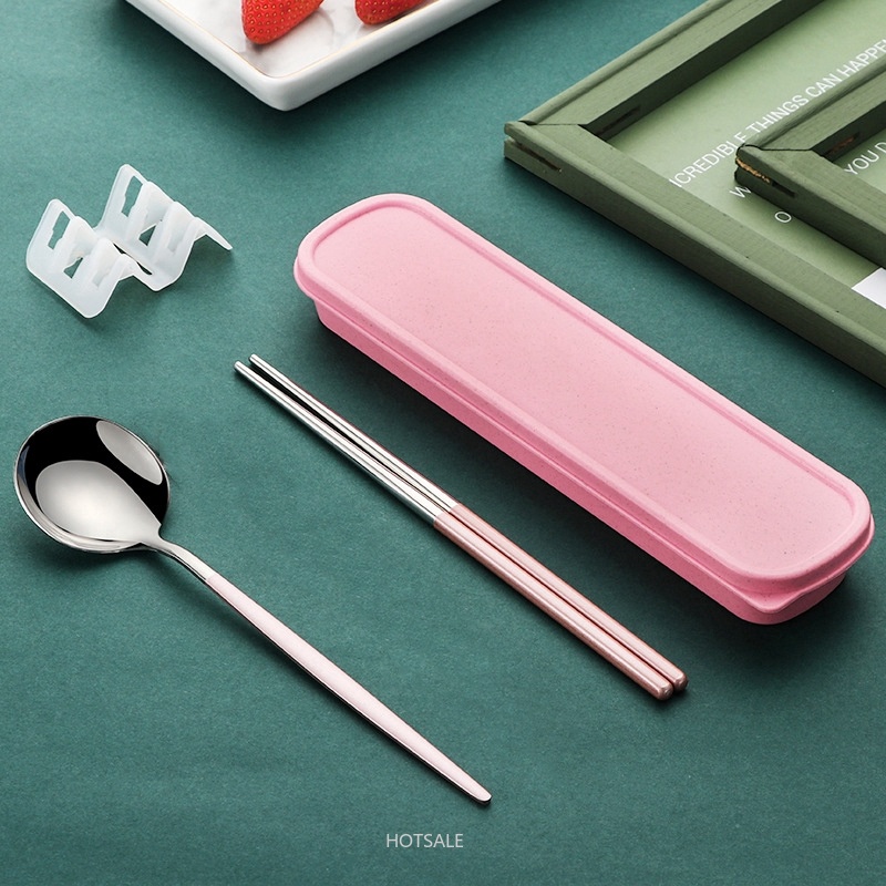 Bộ muỗng nĩa đũa ba món bằng thép không gỉ di động cho học sinh