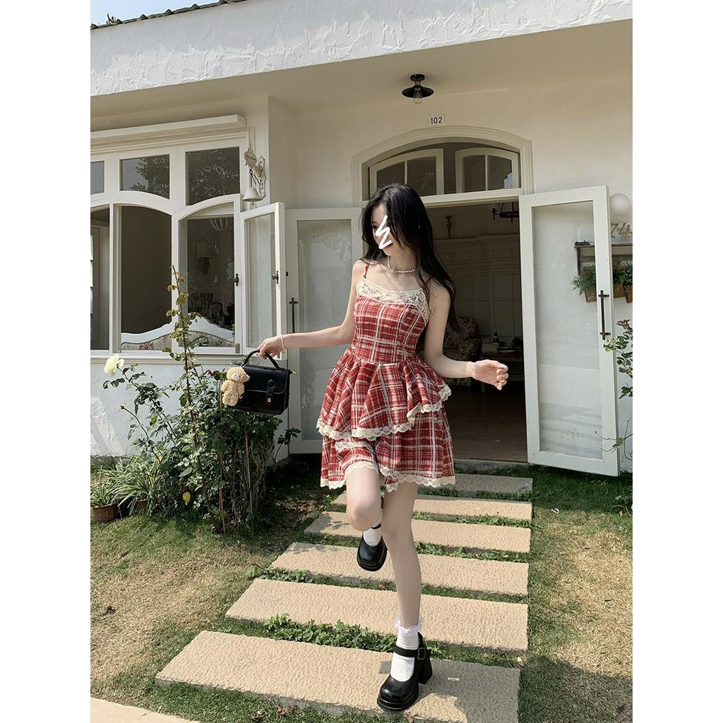Đầm Hai Dây Phối Ren Họa Tiết Sọc Caro Ngọt Ngào Thời Trang Mùa Hè Cho Nữ