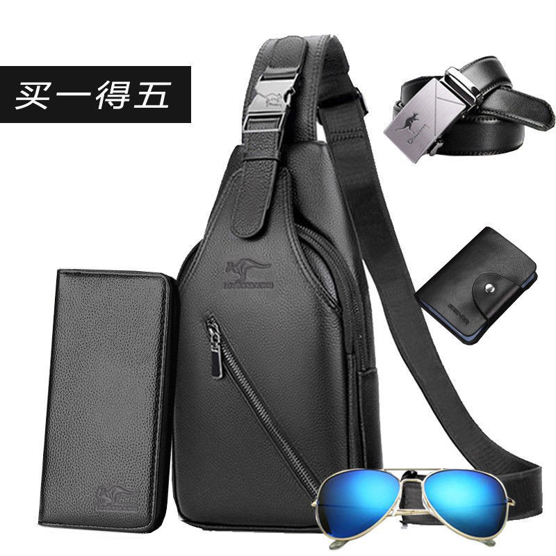 Official Genuine Men’s Chest Bag Fashion Casual Leather Shoulder Messenger Backpack Waist Trendy  cosmetic bag  pocket  real leather bag