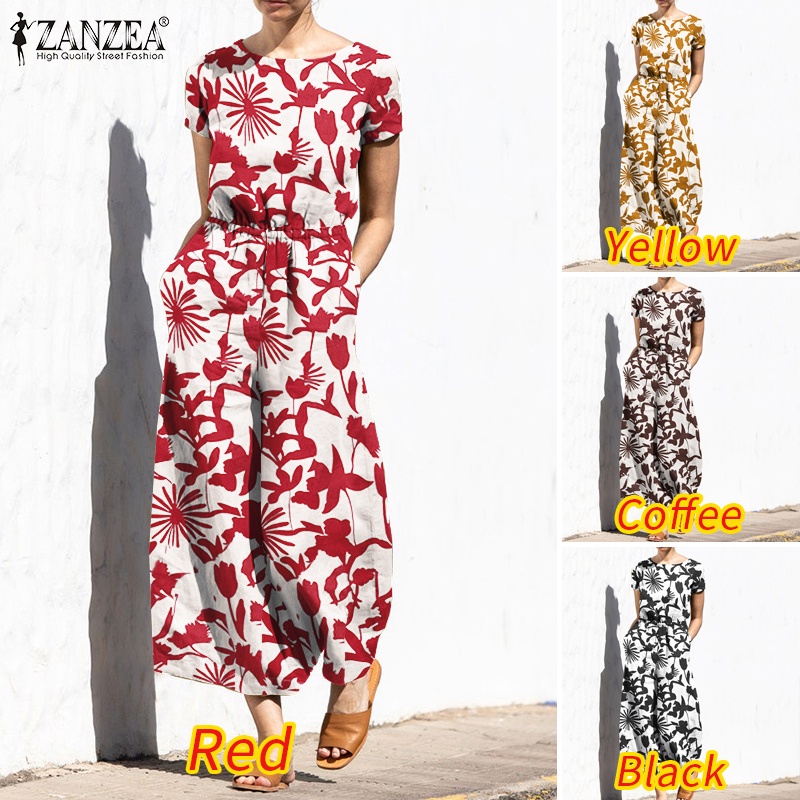 Áo liền quần ZANZEA in họa tiết có túi gài nút sau lưng phong cách Châu Âu cho nữ