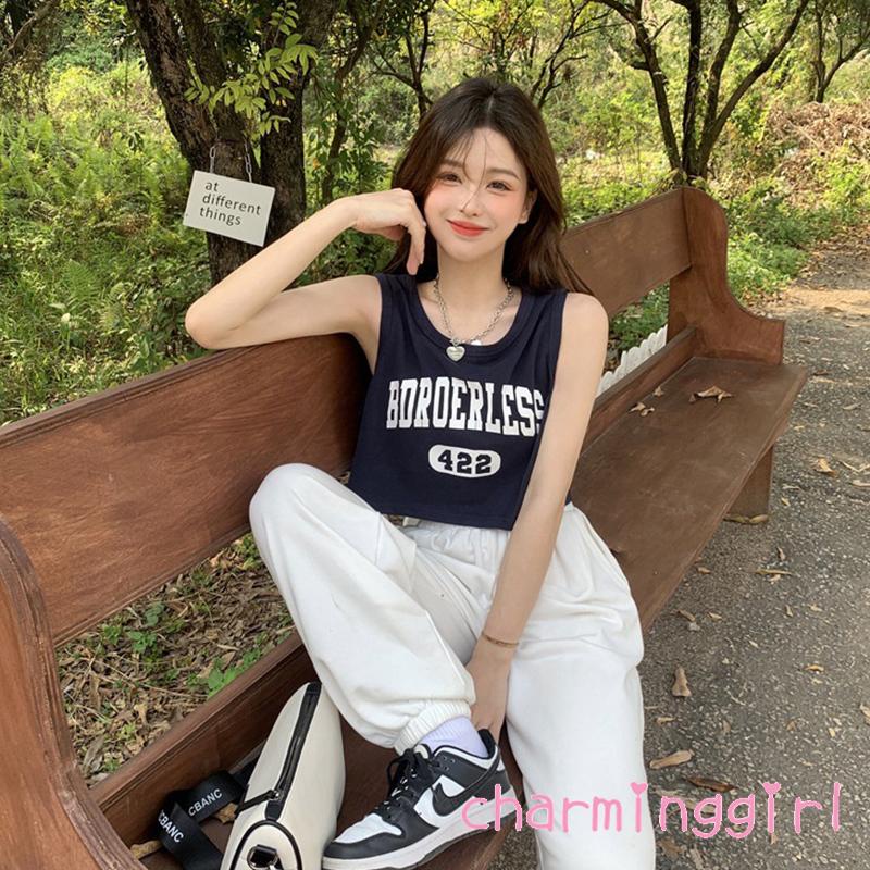 Áo Thun Sát Nách Dáng Rộng Cổ Tròn In Chữ Và Số Thời Trang Đường Phố Cho Nữ