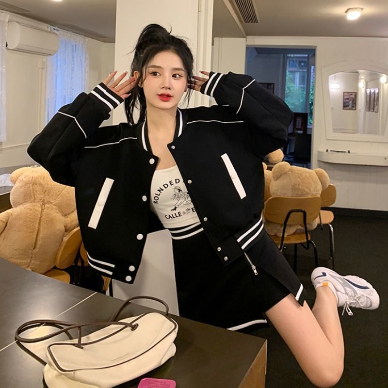 Bộ Đồng Phục Bóng Chày Áo Khoác Dáng Ngắn Phối Chân Váy Lưng Cao Cá Tính Cho Nữ