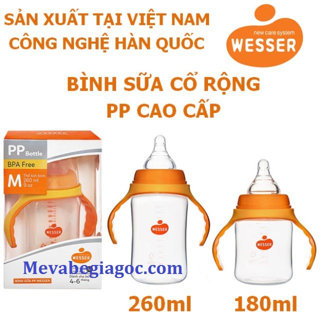 (MẪU MỚI) Bình Sữa Cổ Rộng PP kháng khuẩn WESSER (180ML - 260ML) - Made in Vietnam (Công nghệ Hàn Quốc)