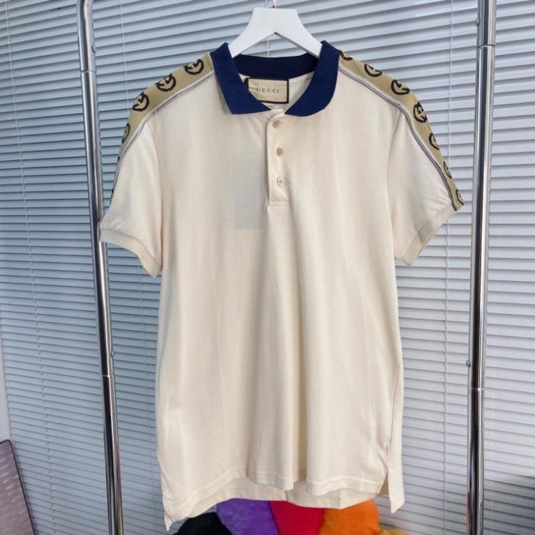 ⚡️ - Áo Polo Gu*CCI Cotton Piquet Polo With Interlocking G stripe Cream, Áo polo GC THE LAZ