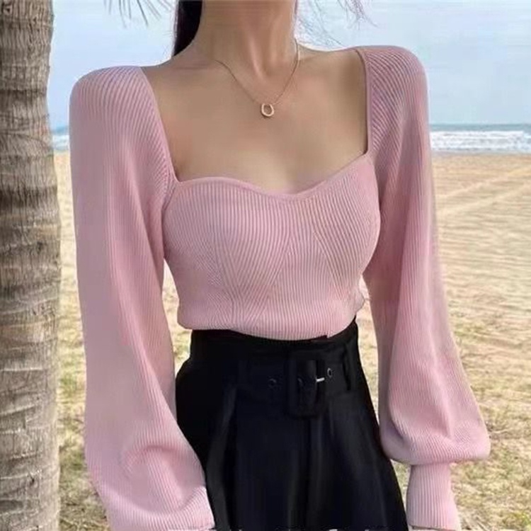 IELGY     Áo sweater Dệt Kim Tay Dài Cổ Vuông Thiết Kế Xinh Xắn Cho Nữ