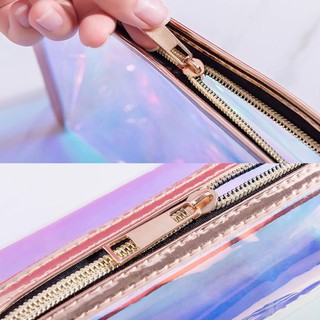 Túi đựng mỹ phẩm/đồ dùng cá nhân bằng da pu chống nước trong suốt in màu laser cho nữ