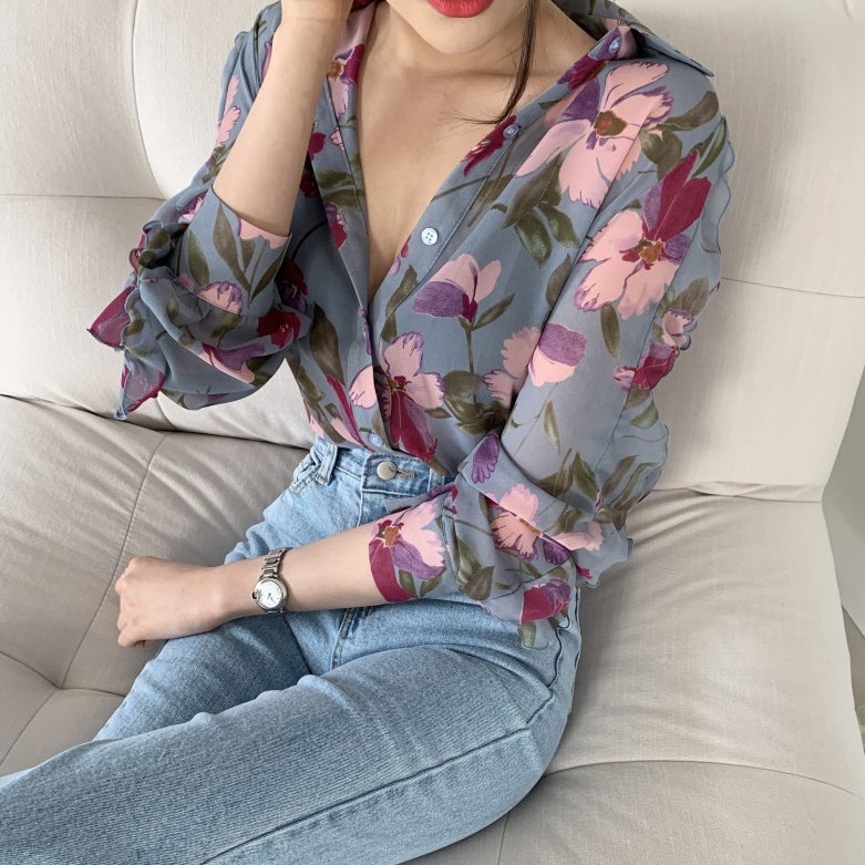 Xiaozhainv Áo Kiểu Tay Dài Hoạ Tiết Hoa Thiết Kế Dáng Rộng Thoải Mái