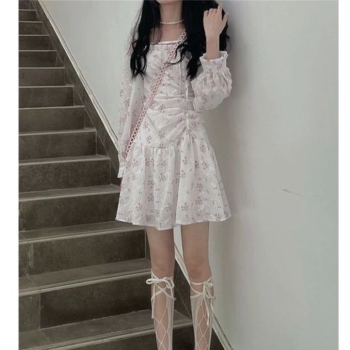 Đầm hai dây hoa nhí ngắn xòe + áo khoác ngoài voan hoa nhí oder taobao