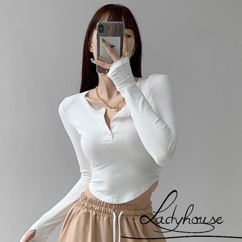 LDD-Women T-shirt Long Sleeve Henley Neck Solid Slim Fit Fall Casual Daily Ladies Tops