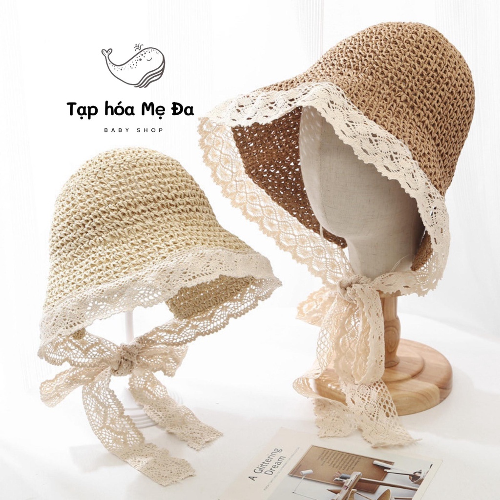 Nón mũ cói viền ren thắt nơ xinh phong cách Ajuma Hàn Quốc cho bé freesize từ 1 đến 4 tuổi
