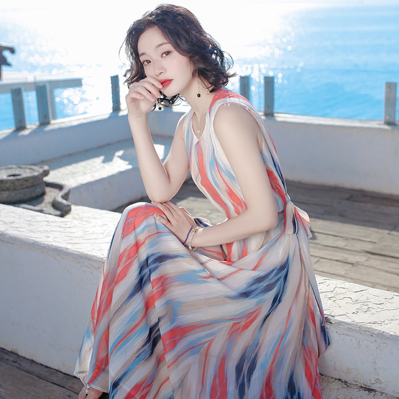 Đầm Voan Dáng Xòe Dài Ôm Dáng Họa Tiết Kẻ Sọc Phong Cách Bohemian Mẫu Mới 2021 Thời Trang Mùa Hè Đi Biển