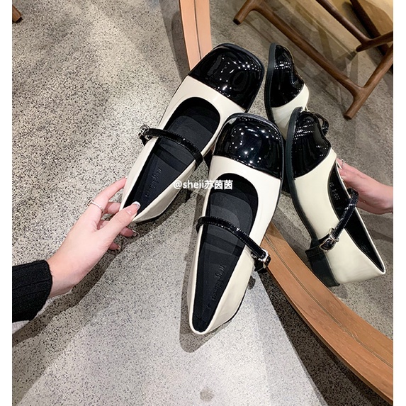 Giày búp bê Mary Jane mũi vuông phối màu phong cách retro xinh xắn thời trang xuân thu 2021 cho bạn gái