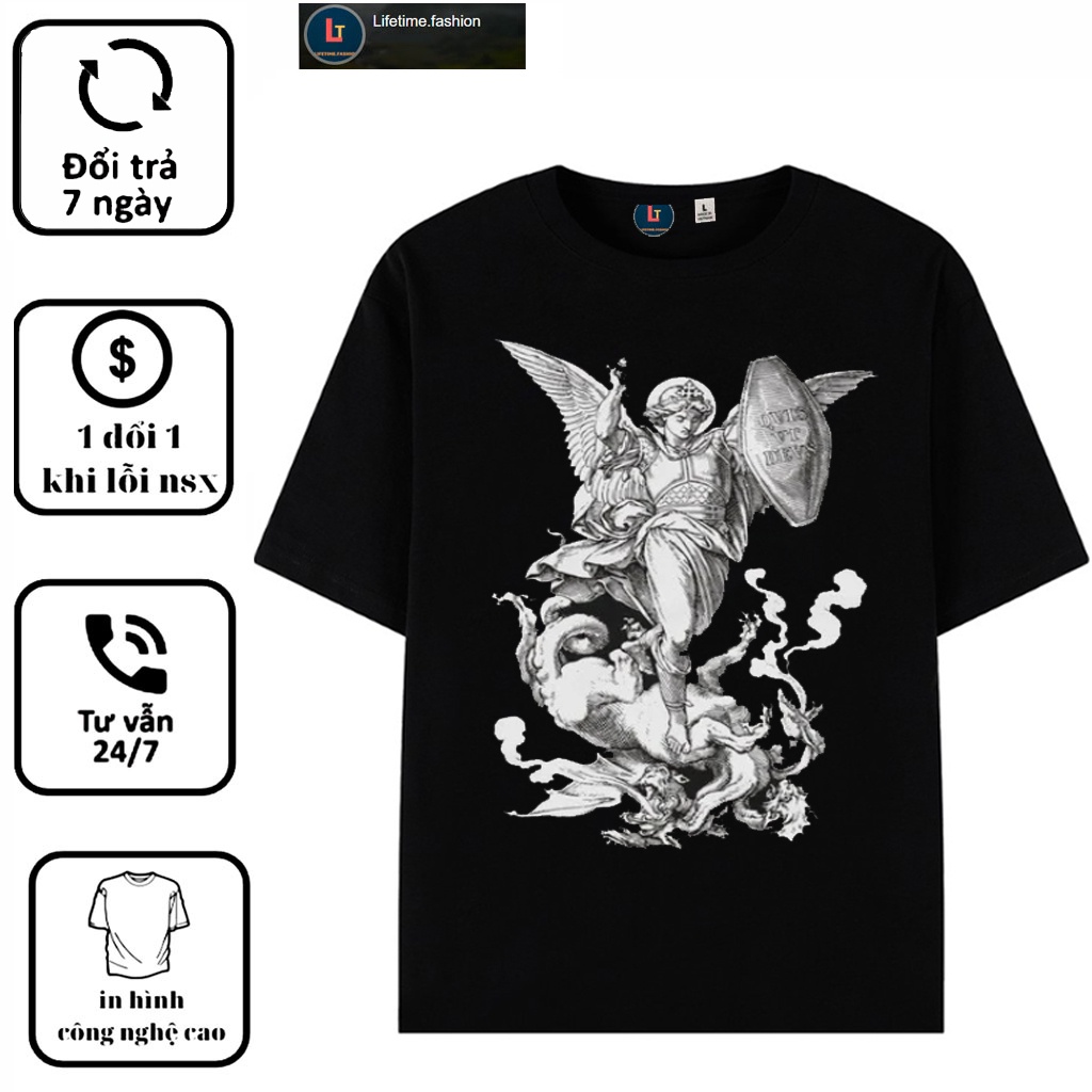 Áo phông ngắn tay áo thun unisex form rộng in hình thiên thần Saint Michael chiến đấu với rồng