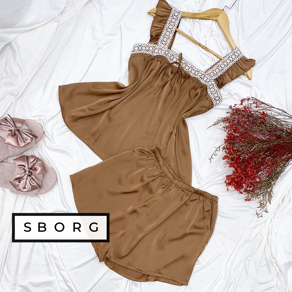 Đồ bộ mặc nhà SBORG đồ ngủ 2 dây lụa latin cổ vuông phối tay tiên dễ thương đáng yêu freesize dưới 55kg quà tặng Vợ