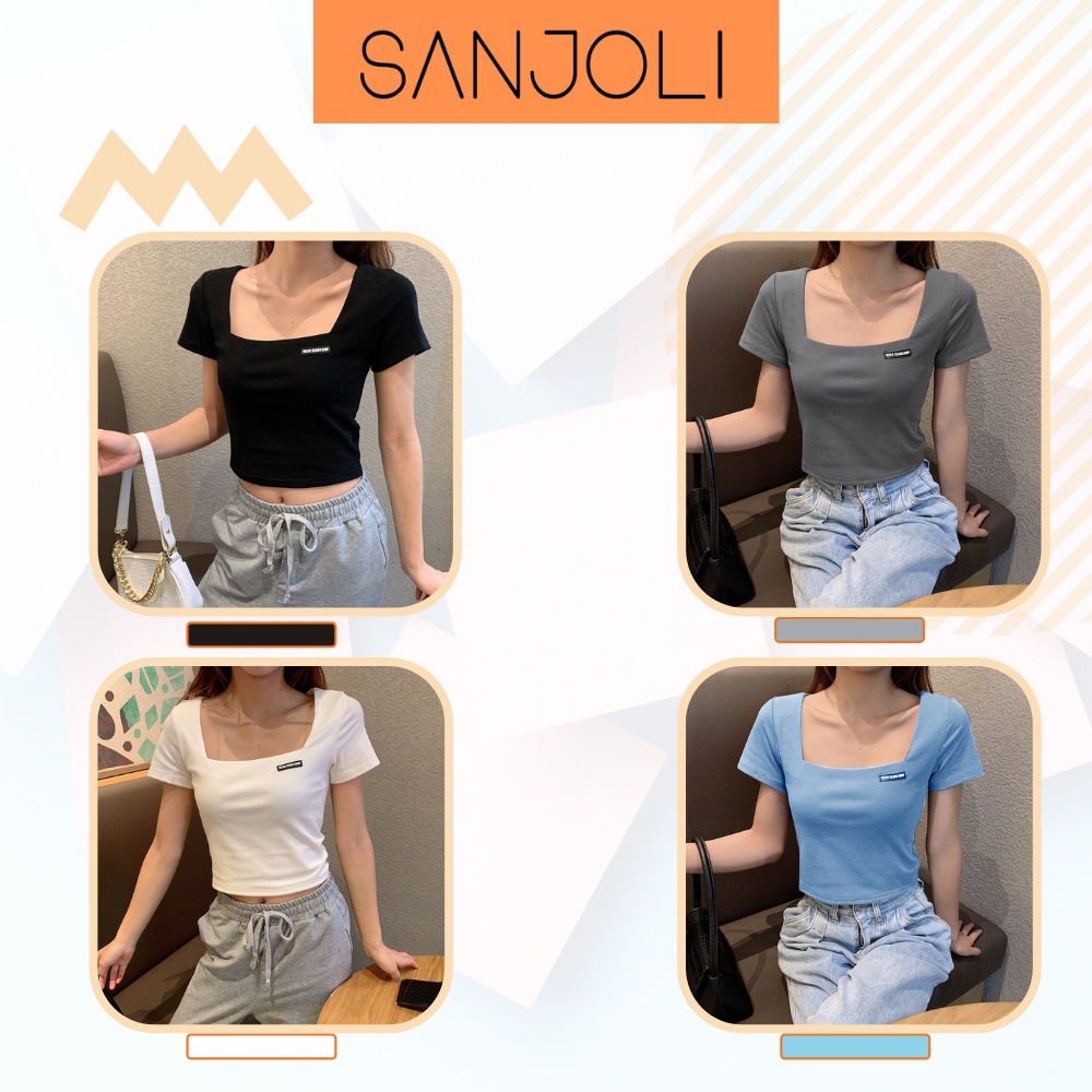 Áo Croptop Cổ Vuông SANJOLI Nữ Kiểu Ôm Body Tay Ngắn, Vải Thun Thể Thao Đẹp, Kiểu Ulzzang Hàn Quốc Đẹp Trắng Đen AO020