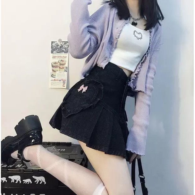 6:30PM Order Mã 005 Chân váy jeans đen ngắn ulzzang hot trend đuôi cá tennis skirt phối trái tim nơ hồng lolita viền bèo