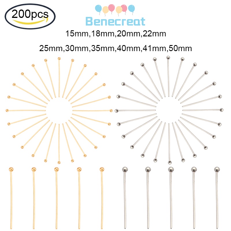 Set 200 ghim cài đầu bi BENECREAT mạ vàng bằng thép không gỉ 304 25x0.6mm: 1.8mm