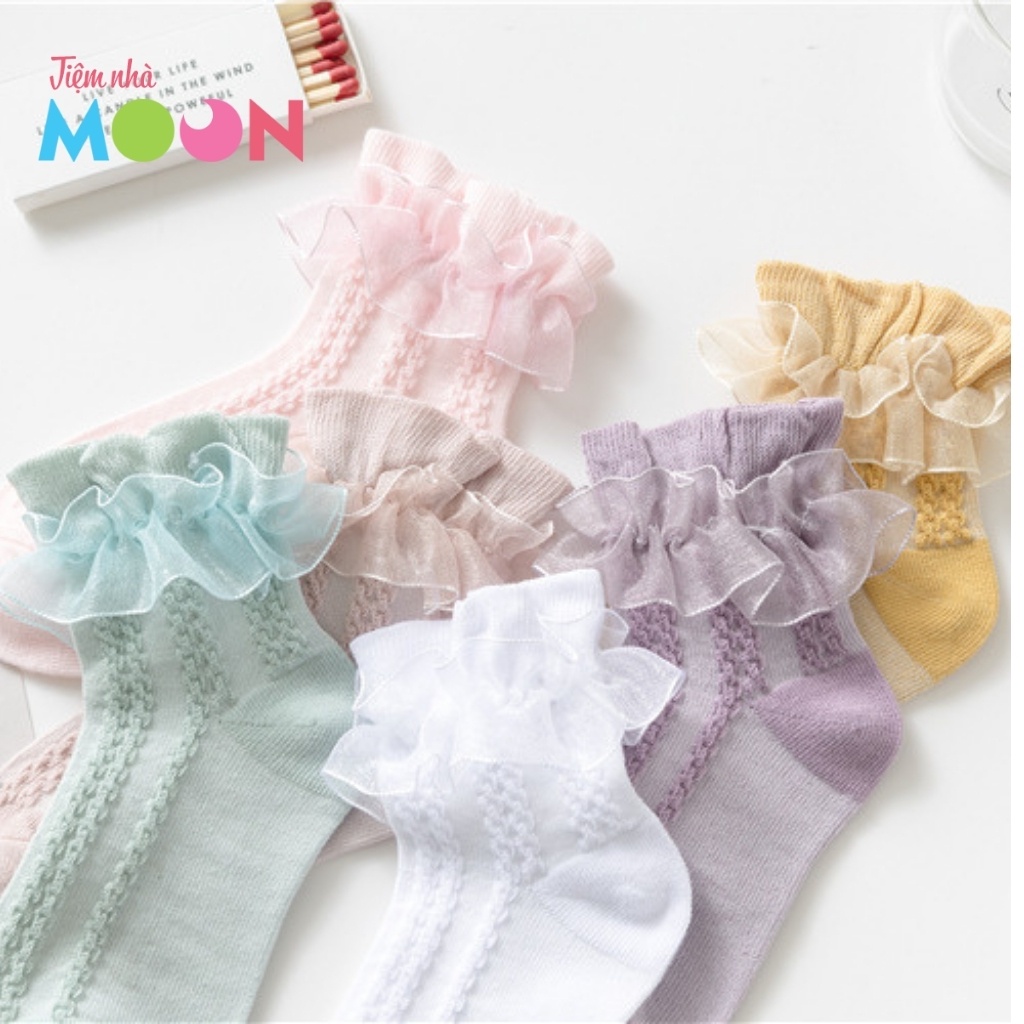 Tất cổ ren bé gái - Tất cotton cổ ren co giãn cho bé gái xinh xắn dễ thương