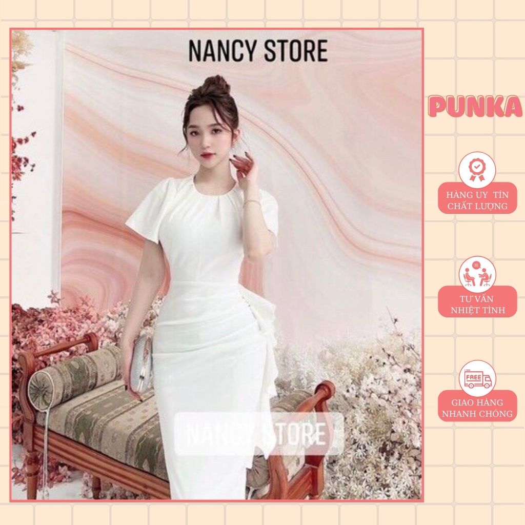 Đầm nữ đầm dự tiệc trắng cổ tròn, xếp ly eo điệu đà, sang chảnh