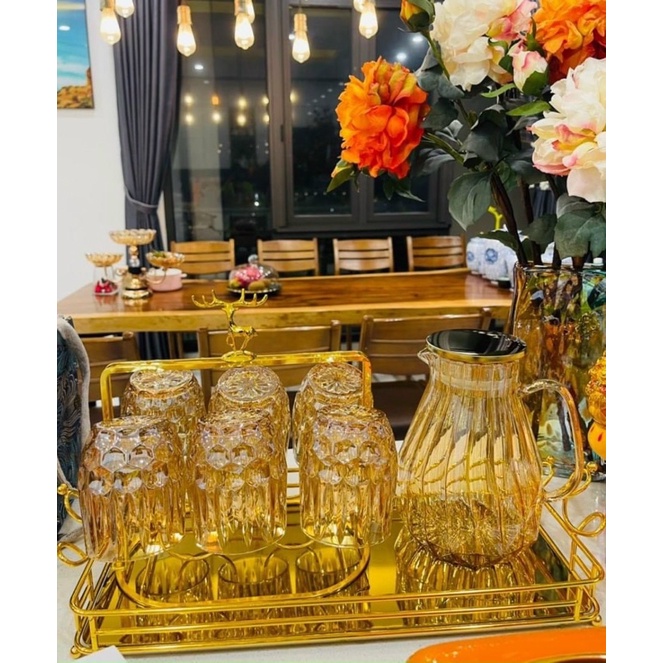 Bộ 6 cốc Thuỷ Tinh cao cấp màu vàng hổ phách (Có bán kèm bình, giá úp cốc, khay)
