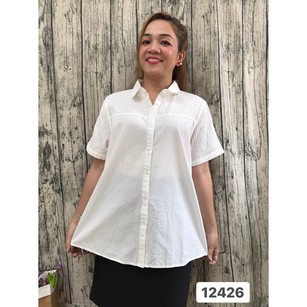 Sơmi BIG SIZE tay ngắn trắng trơn vai xếp li công sở 12426