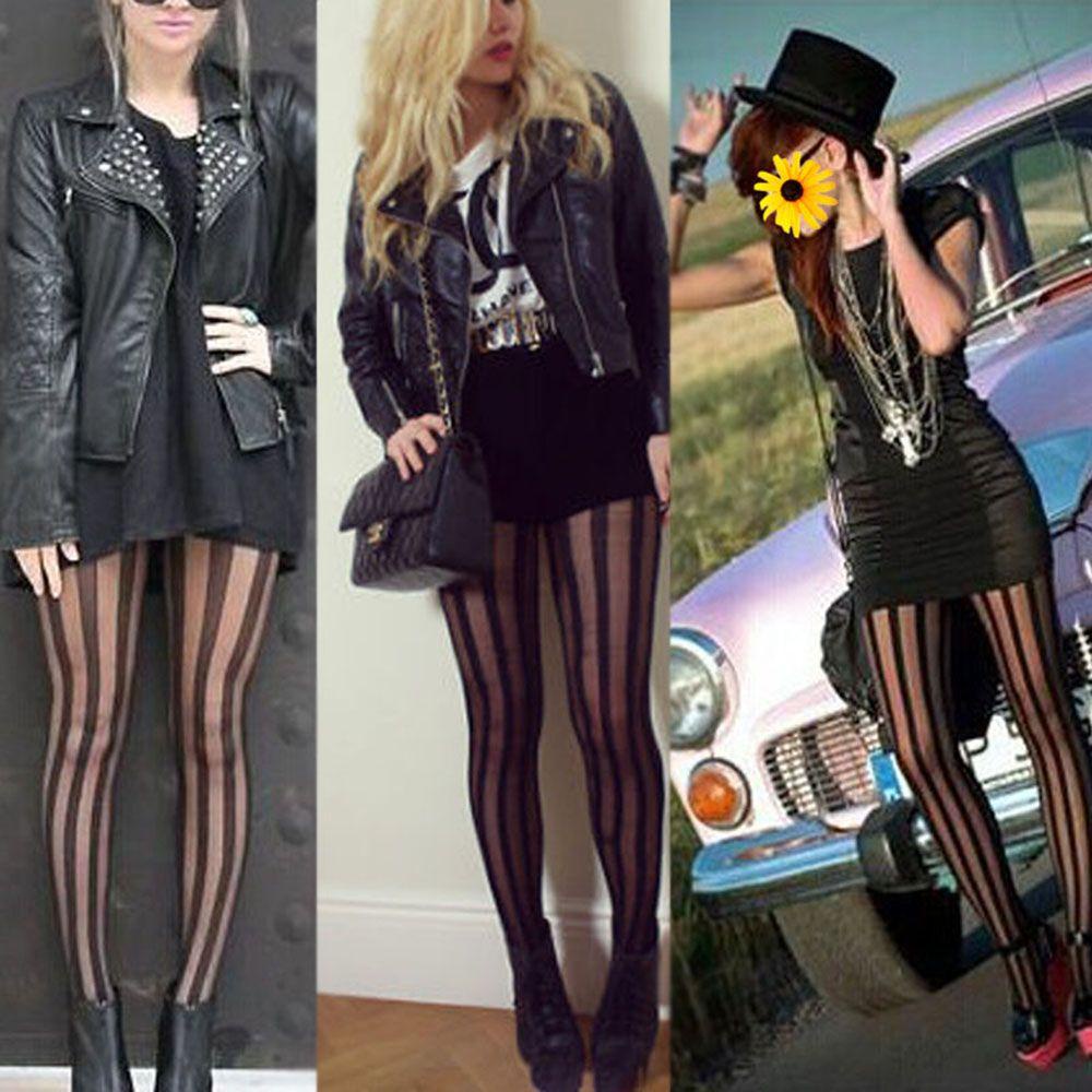 IVORY Vớ Nữ Kẻ Sọc Dọc Màu Ngà Phong Cách Punk Gothic