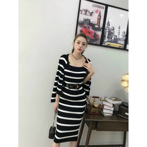 Set Váy Len kèm áo Khoác Cardigan kẻ Ngang