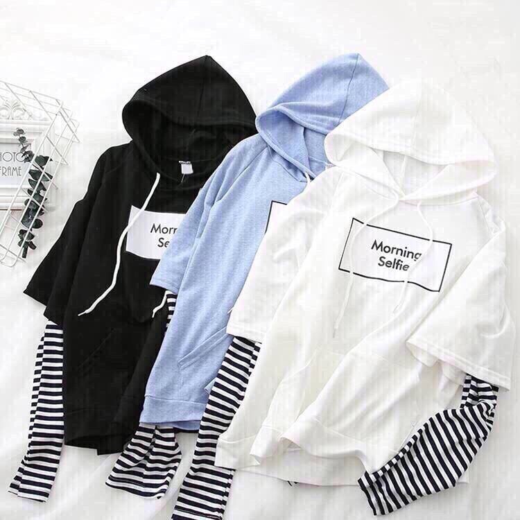 Áo hoodie phối tay kẻ sọc 3 màu