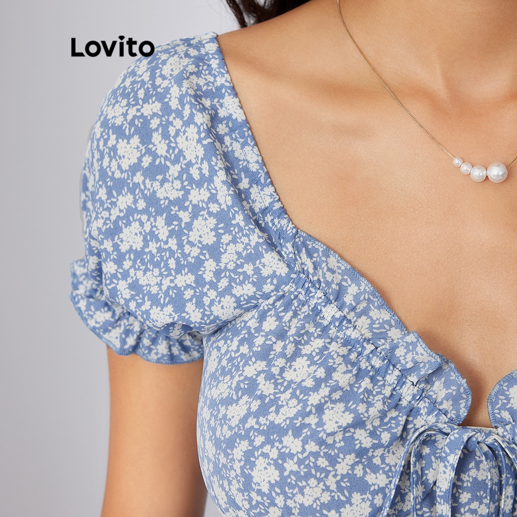 (Gợi ý từ KOL) Lovito Đầm tay phồng họa tiết hoa dễ thương L21AS095 (Xanh)