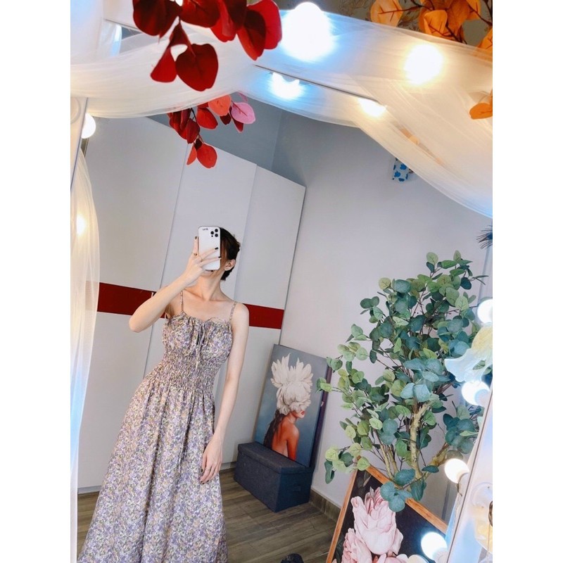 Đầm maxi hai dây cột nơ bo eo hoa nhí siêu dễ thương - hình thật