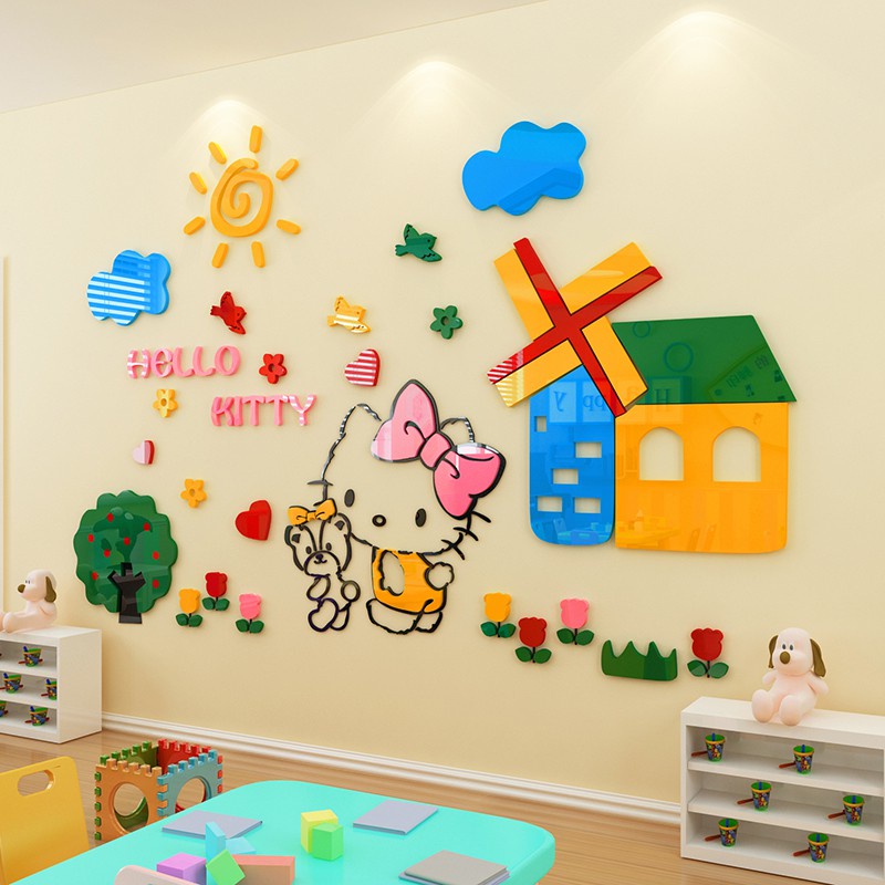 Tranh dán tường mica 3d decor khổ lớn khu vườn của hello kitty trang trí mầm non, phòng cho bé Nhiều Size - EPeBen