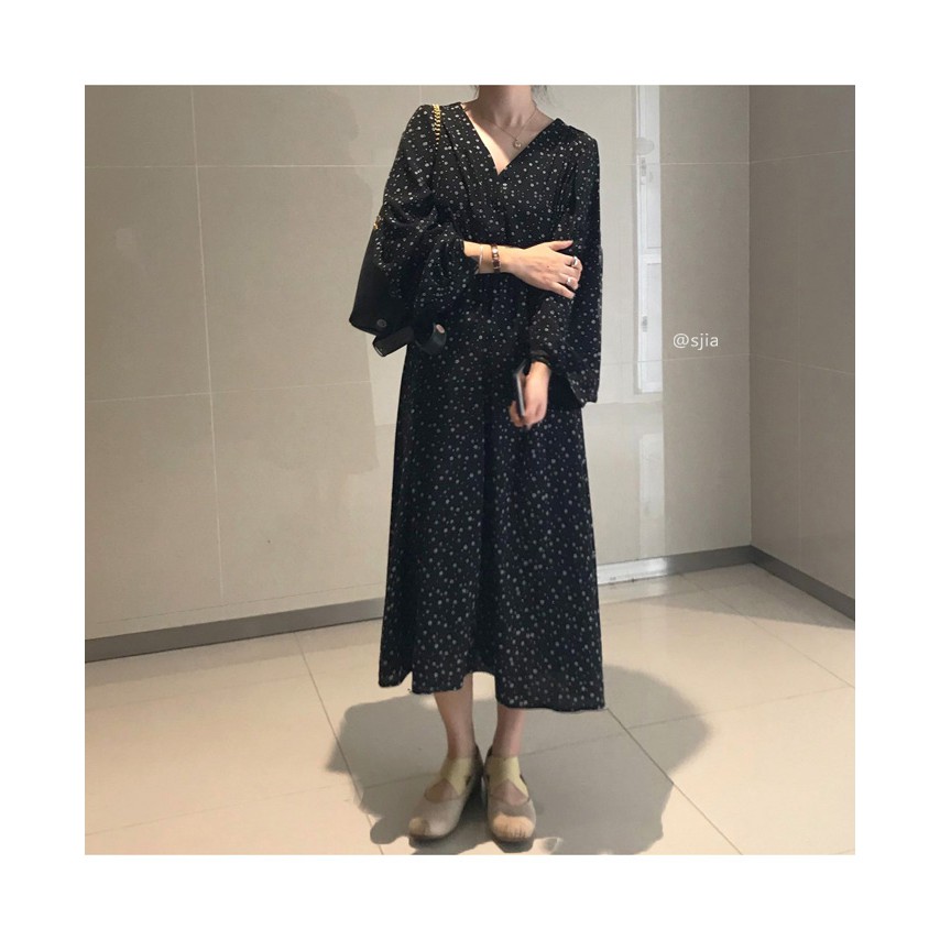 [CÓ SẴN] Đầm hoa nhí dáng dài cổ V dài tay bo chun eo vintage Hàn Quốc ulzzang | BigBuy360 - bigbuy360.vn