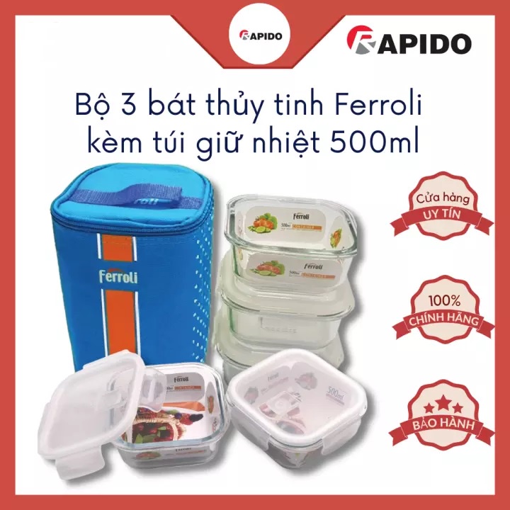 Bộ hộp cơm văn phòng bằng thủy tinh FERROLI - Bộ 3 tô thủy tinh, Thố thủy tinh cao cấp có nắp đậy tặng kèm túi giữ nhiệt