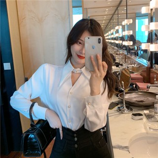 [CÓ SẴN] Áo sơ mi trắng nữ kiểu cổ V khoét dài tay cá tính ulzzang
