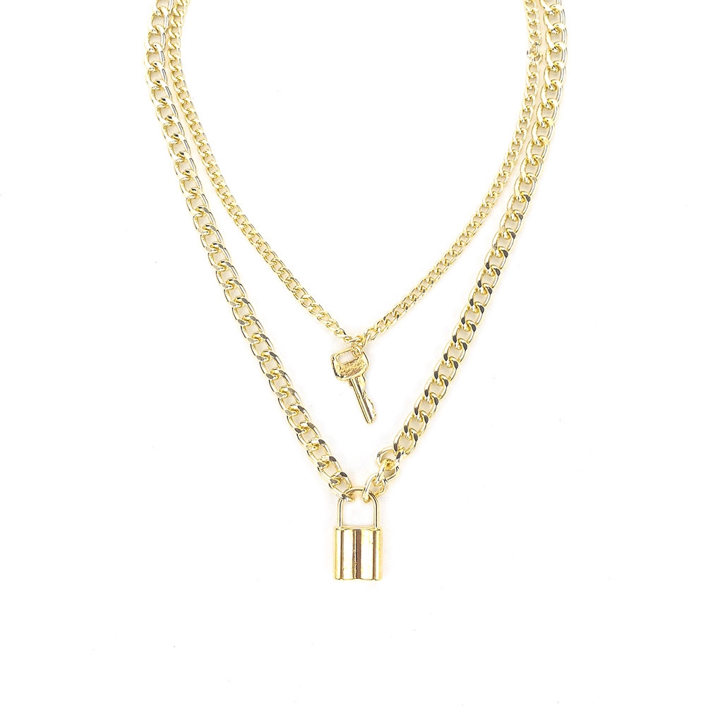 fashion woman retro Charm Double Layer Personality Key Lock Pendant Chain Necklace Accessories
