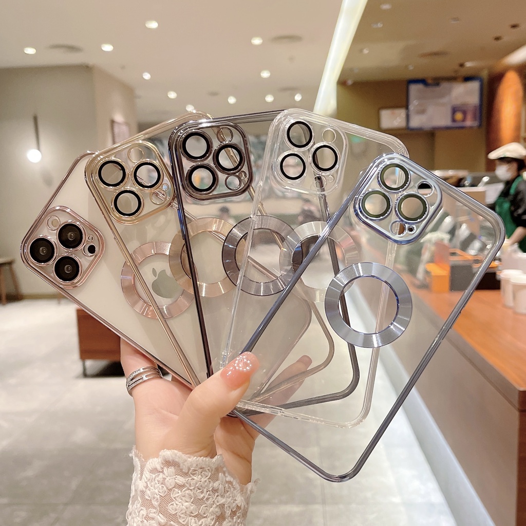 Ốp Điện Thoại Mềm Trong Suốt Mạ Điện Chống Sốc Bảo Vệ Ống Kính Máy Ảnh Cho iPhone 14 13 12 11 Pro Max