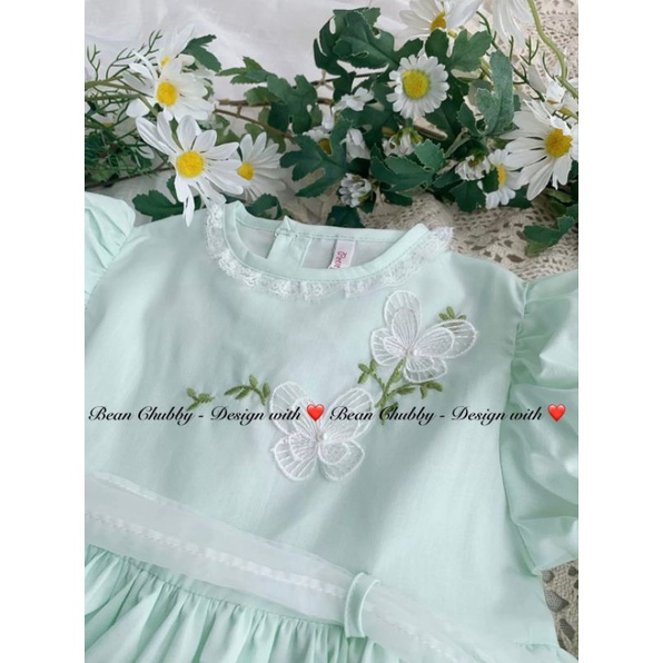 Đầm thô Hàn Quốc baby doll xanh mint pastel phối ren 1-10y