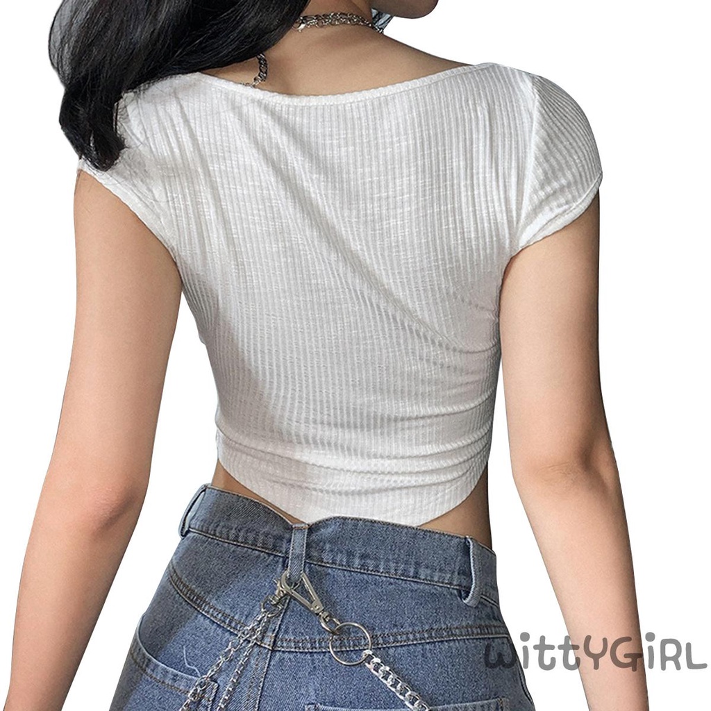 Áo Croptop Ngắn Tay Cổ Chữ U Màu Trơn Cài Nút Thời Trang Mùa Hè Cho Nữ