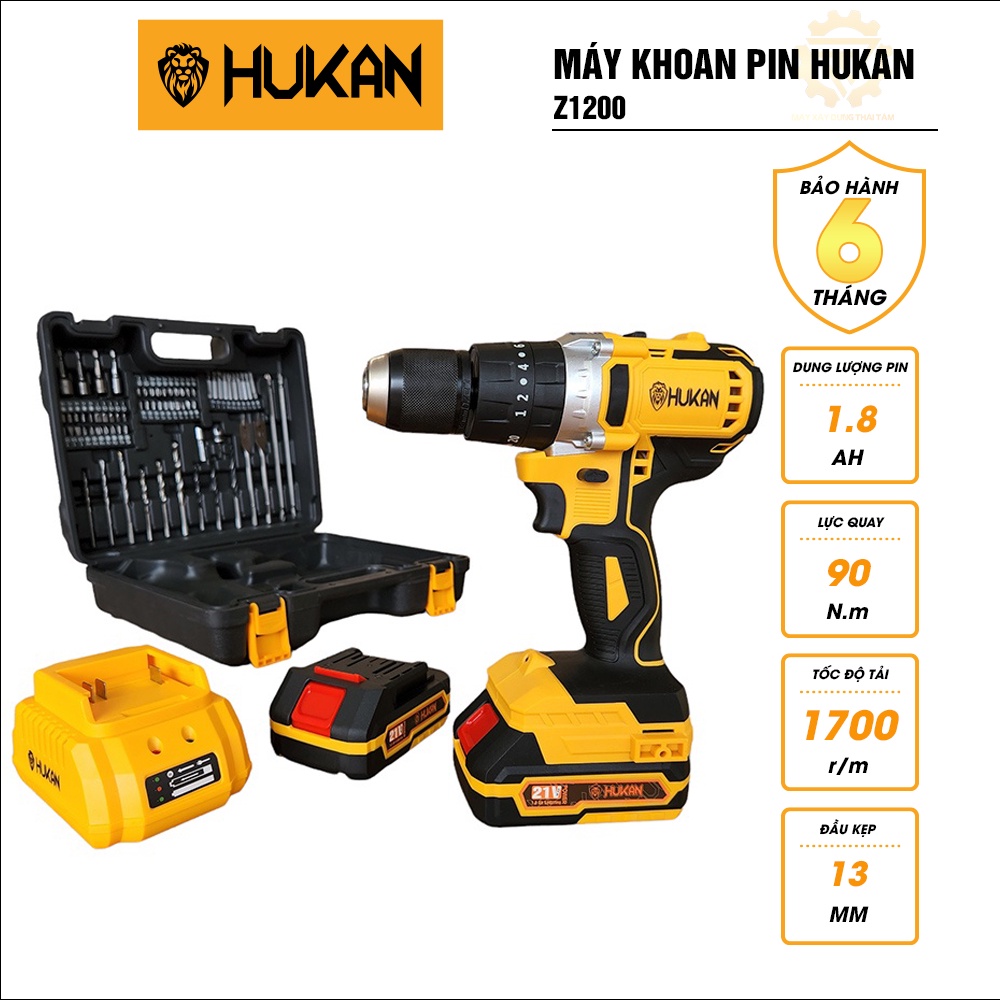 Máy Khoan Pin HUKAN Z1200 Lực Quay 95Nm, Không Chổi Than, Đầu Kẹp 13mm Chính Hãng
