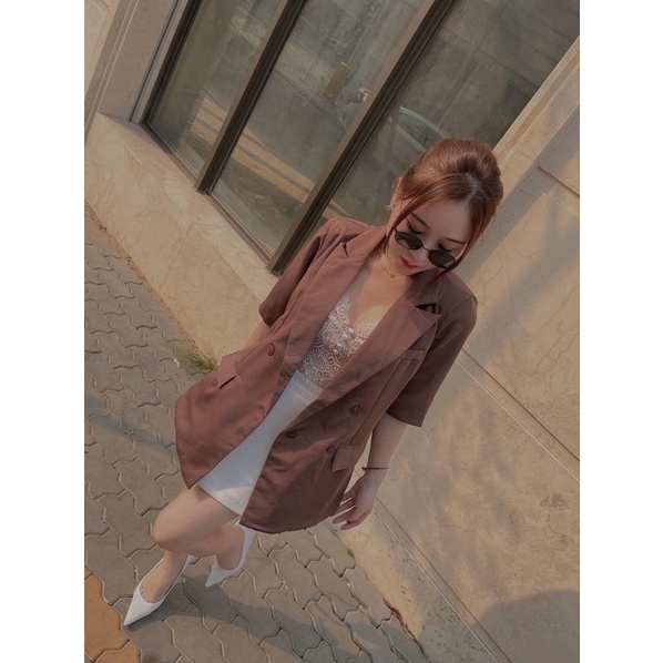 [FREESHIP] Áo khoác Blazer Vest trơn tay ngắn túi nắp màu Xanh mint Nâu NÀNG CLOSET