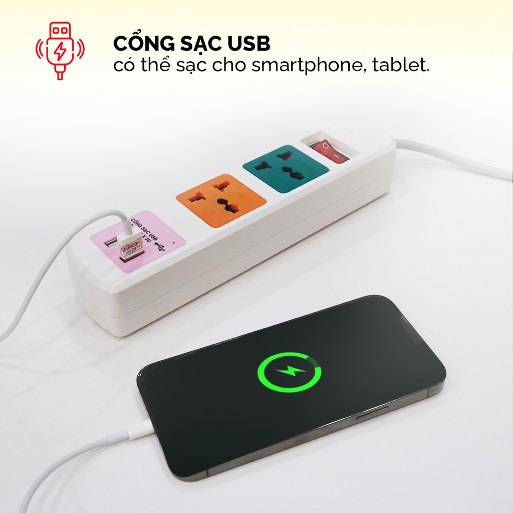 Ổ cắm điện đa năng có USB Honjianda Mã 05 Dây 3m - an toàn chống quá tải