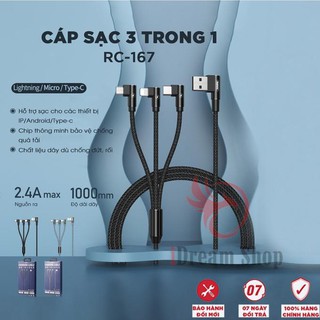 Dây cáp sạc nhanh lightning/type c/micro usb remax 3 đầu ra cho điện thoại iphone/android - 2.4a 3in1 chữ l