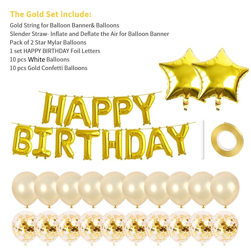 Set 35 bong bóng trang trí sinh nhật kiểu chữ tông màu vàng